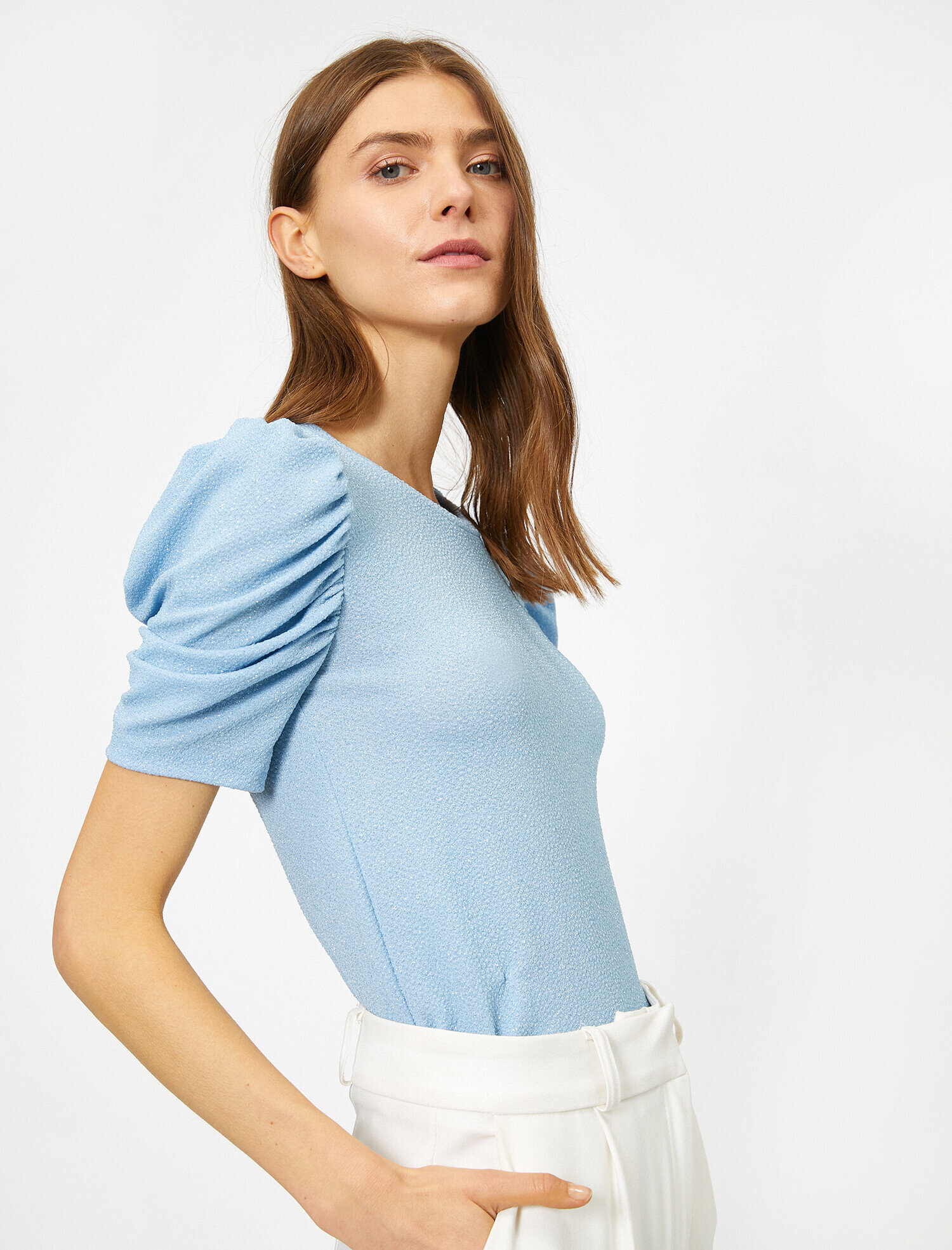 Mavi Bayan Balon Kollu Simli Parlak Kumasli Tisort 0yak13113ek661 Koton