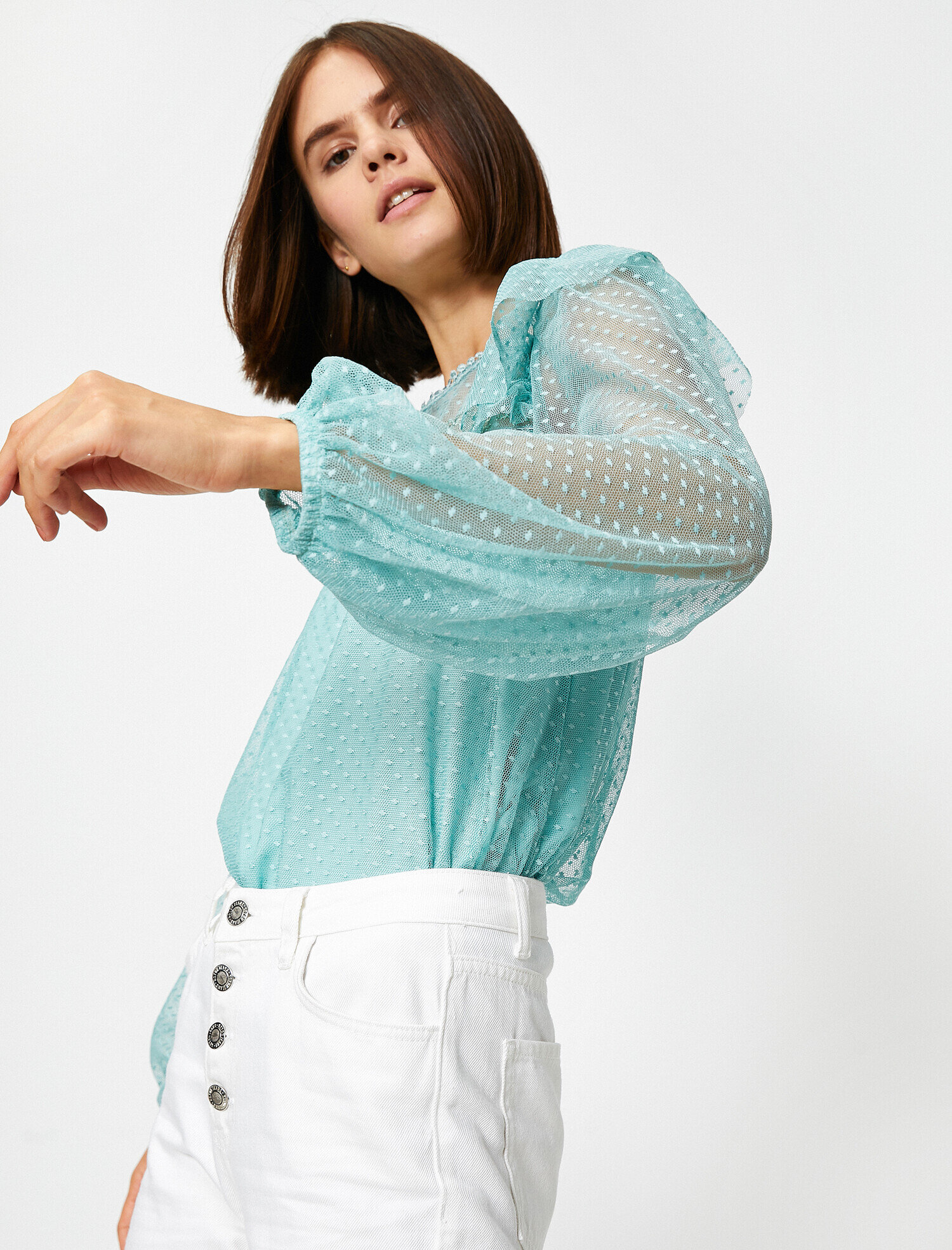 Pistachio Women Crew Neck Frilled Tulle Bouffant Sleeve Blouse 0yak34569fk150 Koton