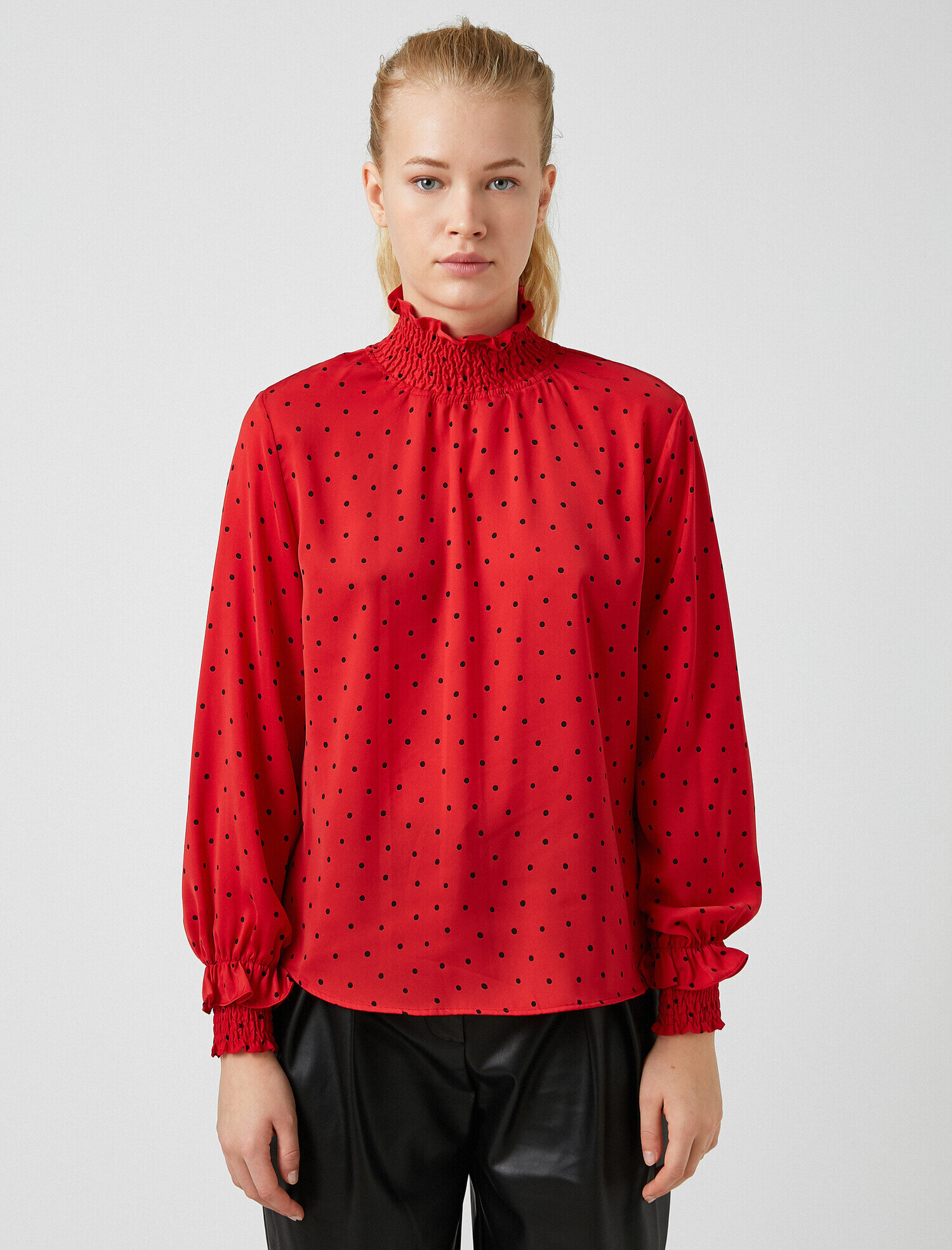 red high neck blouse