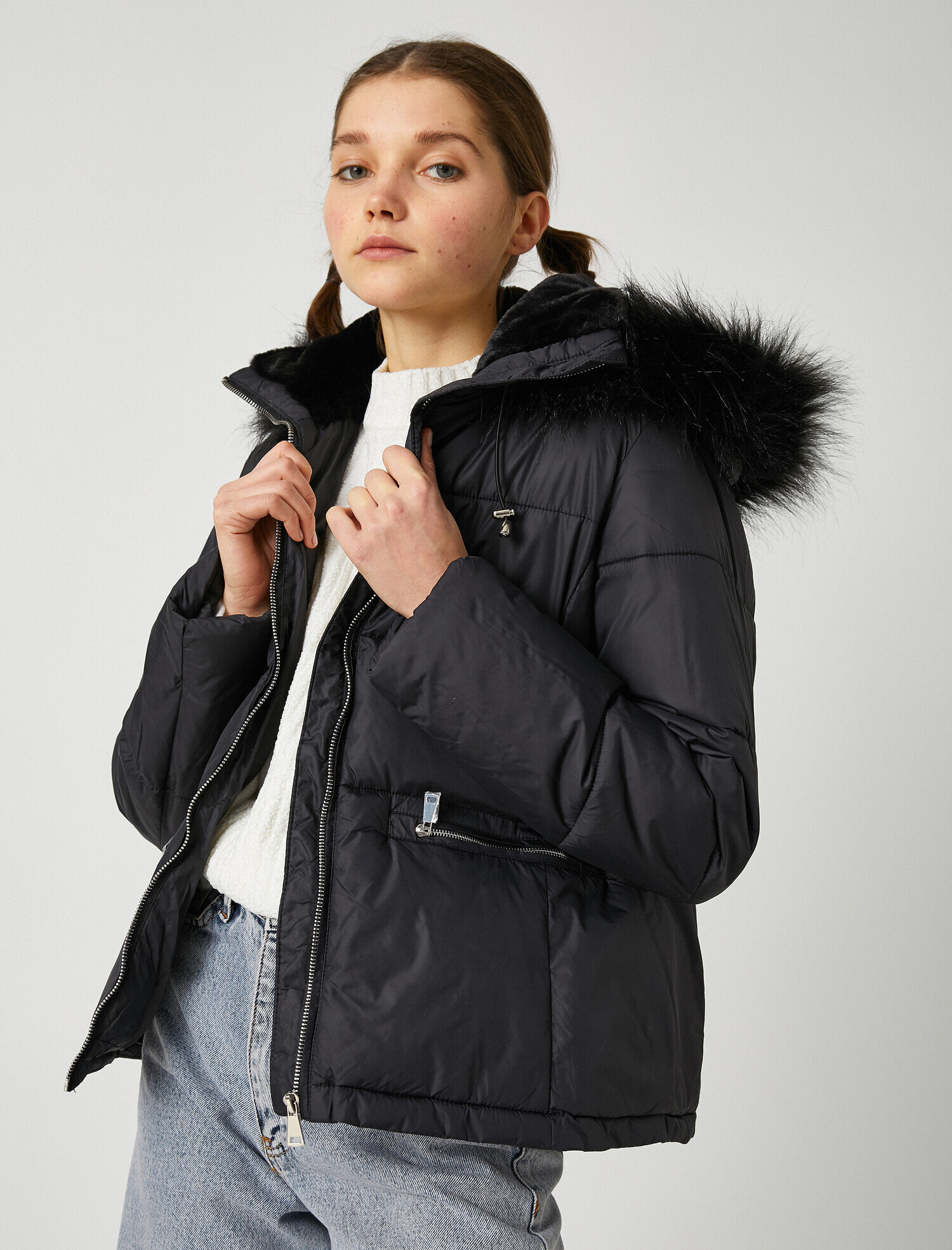 black puffer jacket with faux fur hood