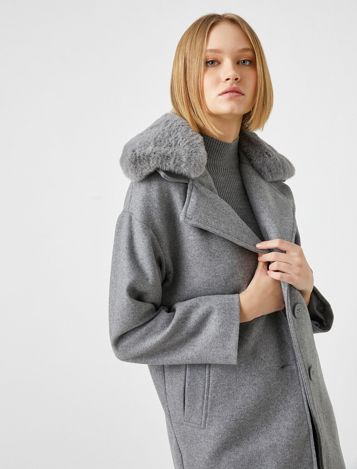 ladies grey funnel neck coat