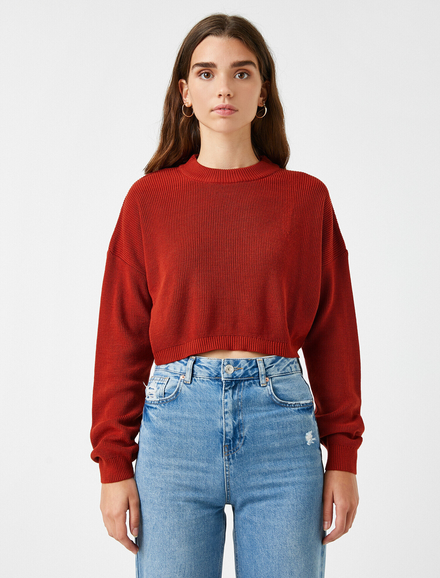 red sweater crop