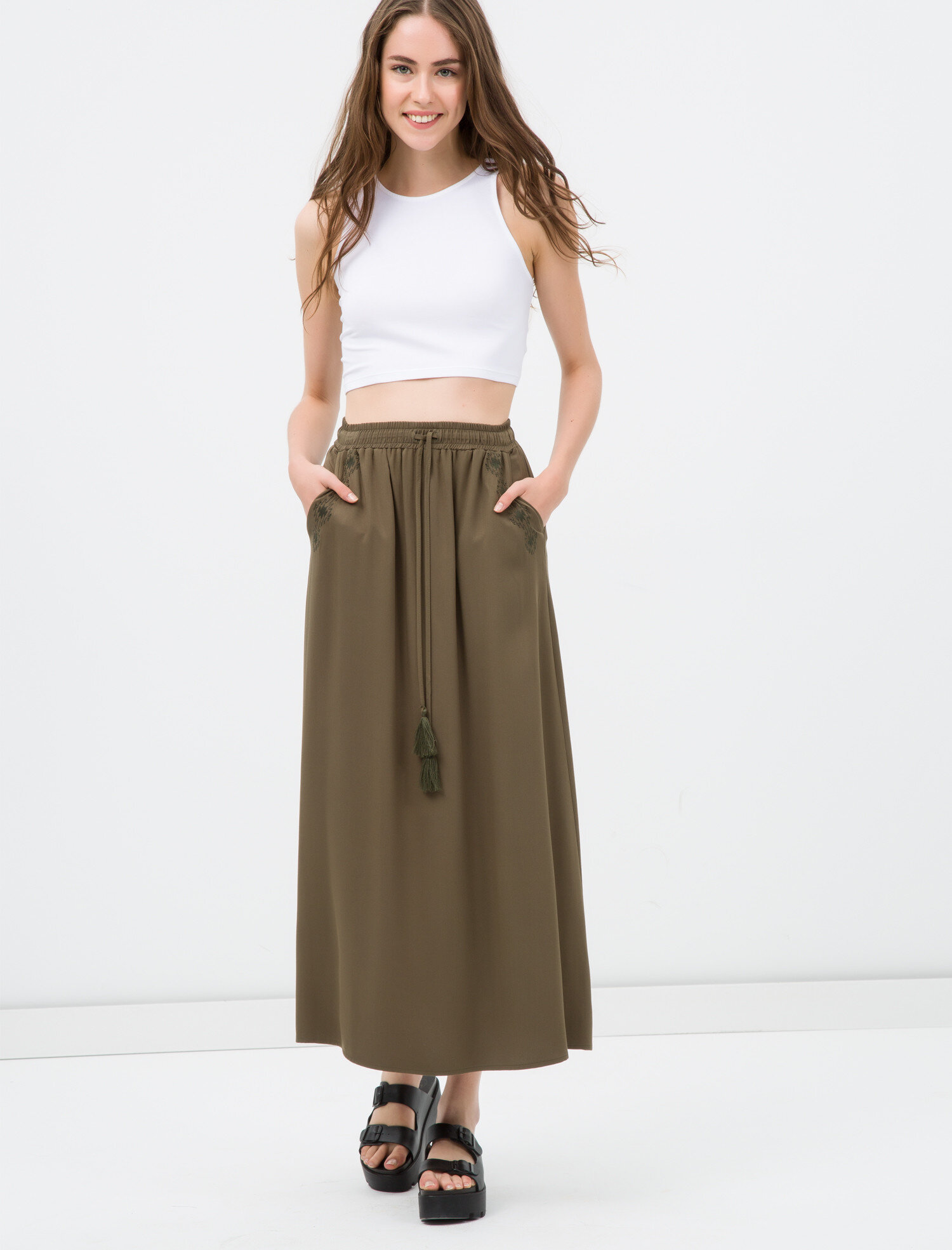 khaki maxi skirt