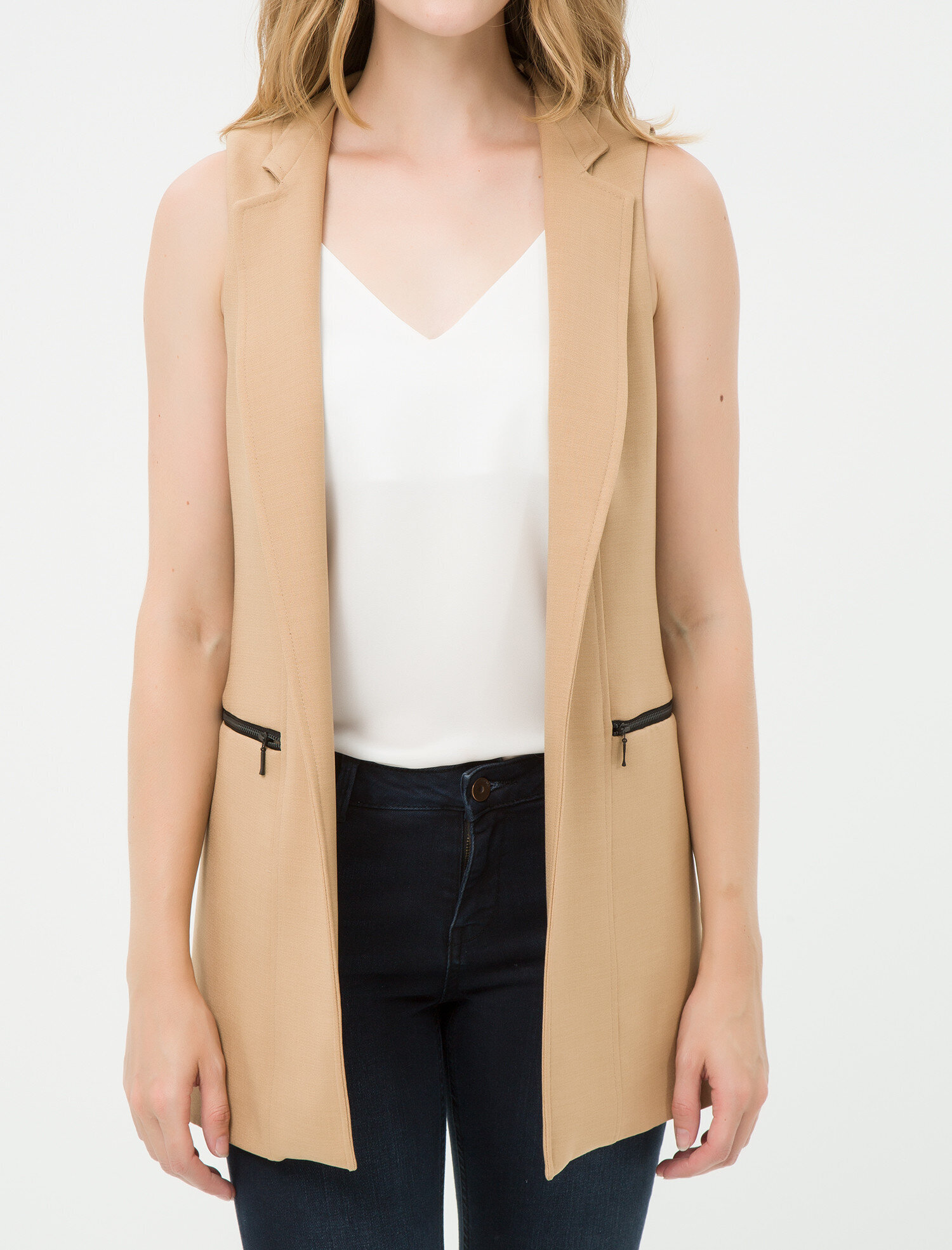 camel sleeveless blazer