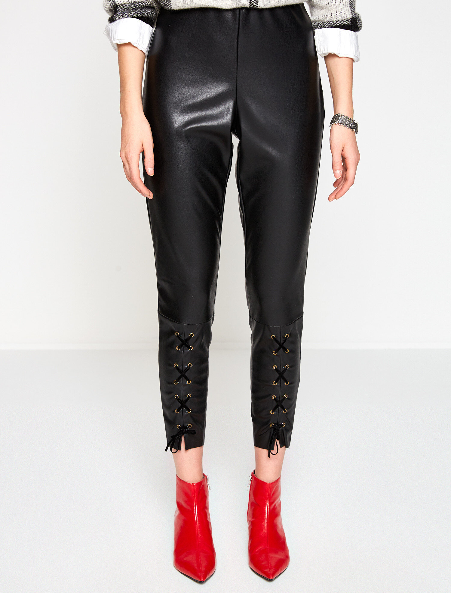 black leather look trousers