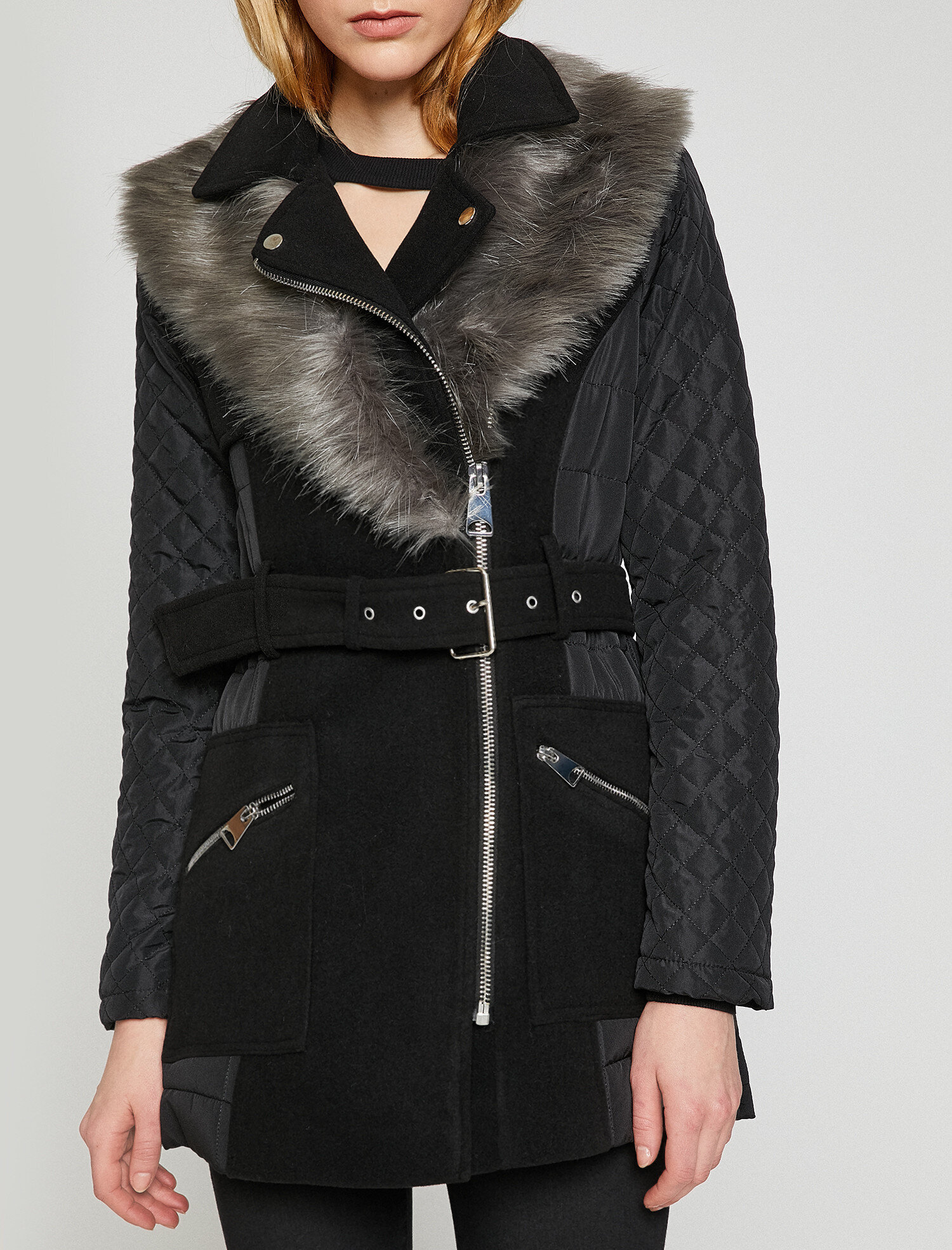 Siyah Bayan Suni Kürk Detaylı Kaban 8KAK06030YW999 Koton