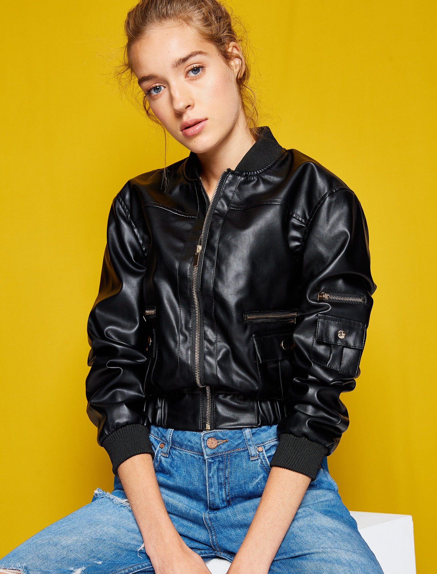 Siyah Bayan Deri Gorunumlu Bomber Ceket 8kak23017ow999 Koton