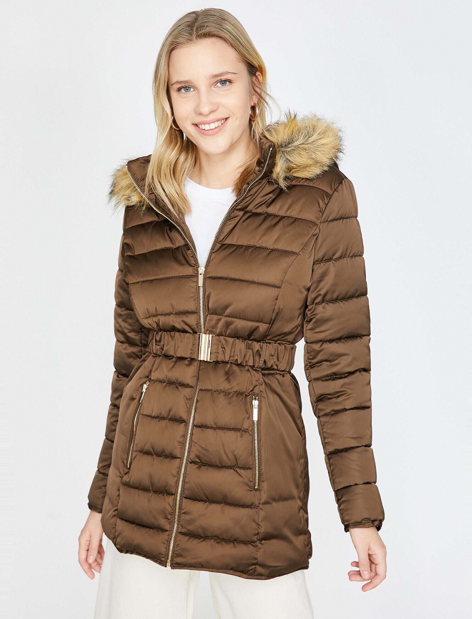 khaki belted puffer coat