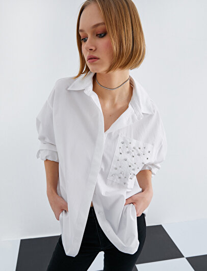 Swarovski  Embroidered Pocket Front Long Sleeve Oversize Shirt