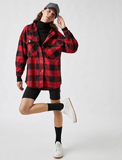 Hooded Buttoned Plaid Midi Jackets