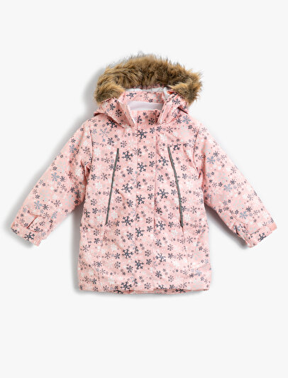 faux fur snowflake print hooded jacket