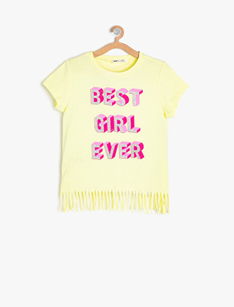5-6 female Sarı Koton Kız Çocuk Yazili Baskili T-Shirt