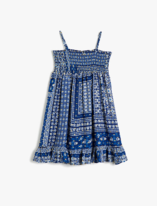 Askılı Desenli Elbise - Mavi Koton