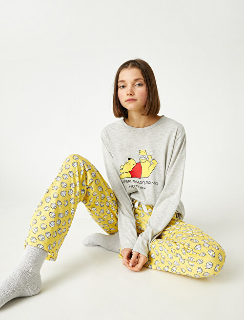 Winnie The Pooh Lisanslı Baskılı Uzun Kollu Pijama Takımı - Sarı Koton