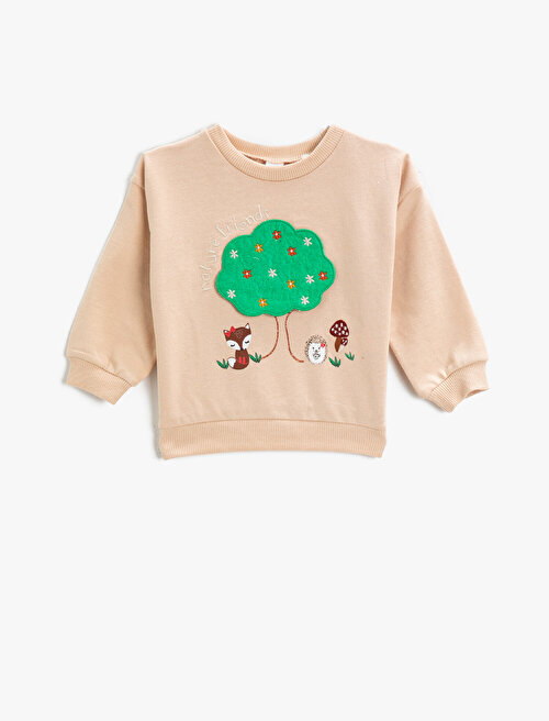 Baskılı İşlemeli Sweatshirt Bisiklet Yaka Pamuklu - Bej