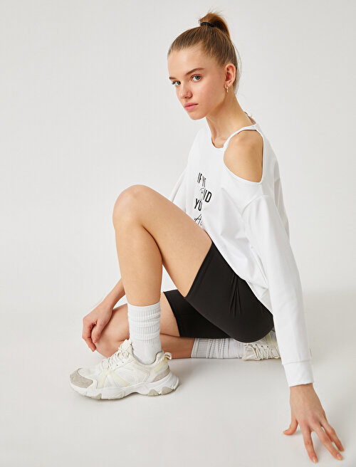 Omuz Detaylı Spor Sweatshirt - Beyaz Koton