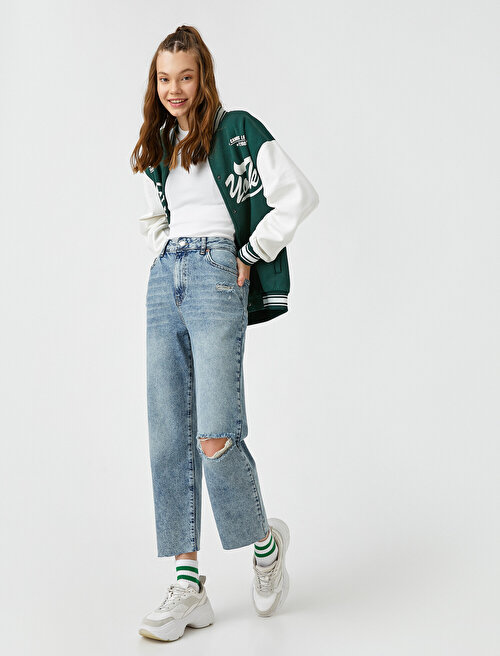 Yüksek Bel Dizi Yırtık Kot Pantolon - Straight Jean - İndigo
