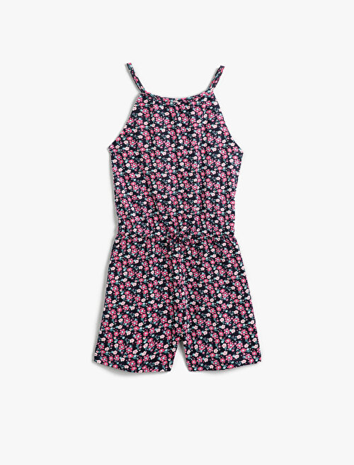 Çiçekli Halter Yaka Tulum Pamuklu - Lacivert Desenli