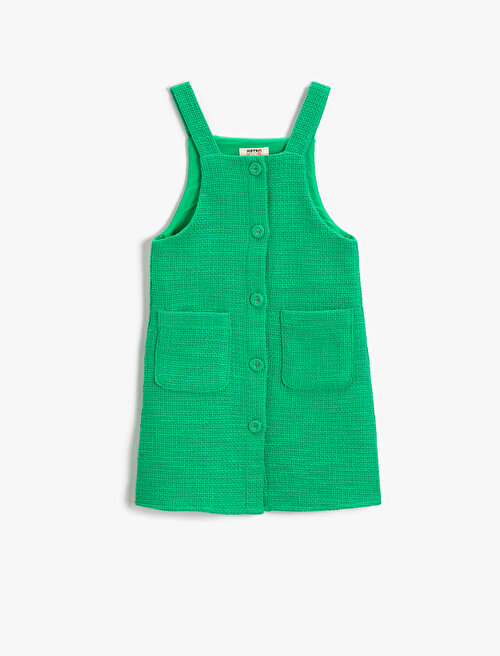 Askılı Düğmeli Elbise Cep Detaylı Pamuklu - Yeşil
