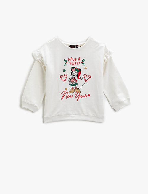 Mickey Mouse Baskılı Pamuklu Fırfırlı Sweatshirt - Ekru