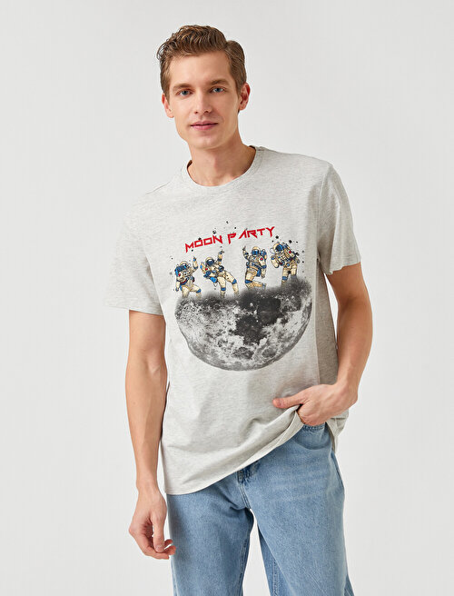 Astronot Baskılı Tişört - Gri Koton