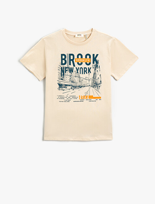 Şehir Temalı Brooklyn New York Baskılı Kısa Kollu Tişört Bisiklet Yaka Pamuklu - Bej Koton