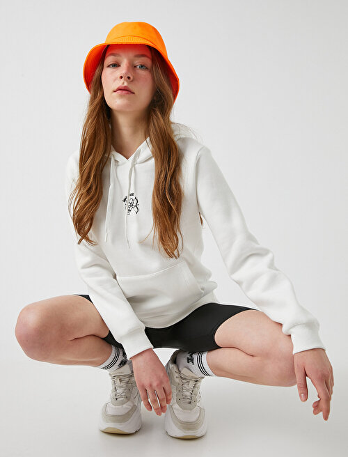 Minimal Baskılı Hoodie - Ekru
