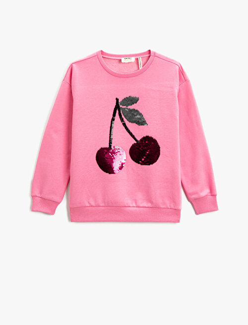 Pullu Sweatshirt Uzun Kollu Baskılı Bisiklet Yaka Pamuklu - Gül