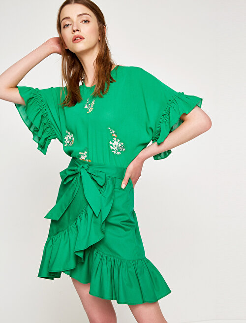 İşlemeli Bluz - Yeşil Koton