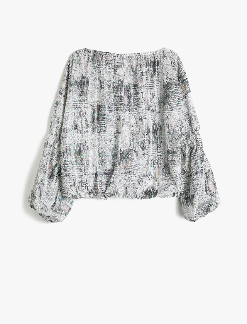 Bisiklet Yaka Baskılı  3/4 Kol Krep Bluz