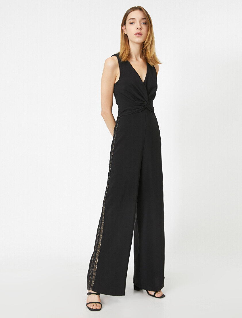 V Yaka Kolsuz Pul Detaylı Tulum