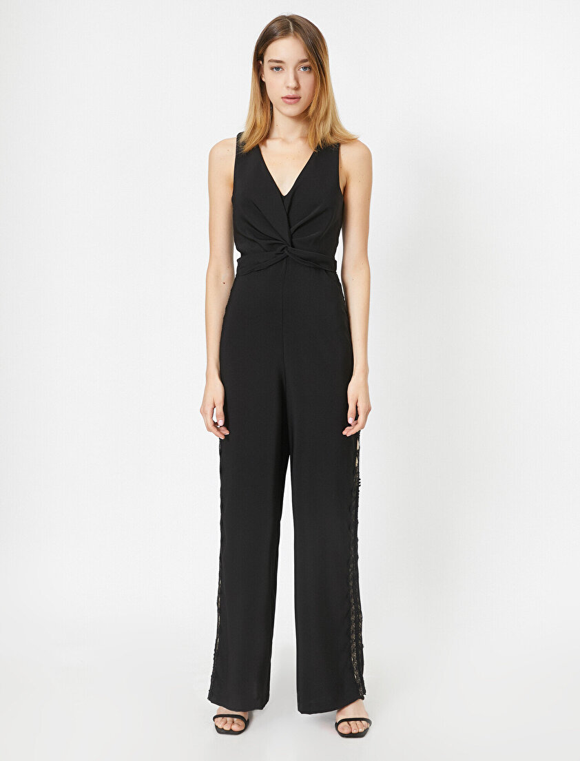 V Yaka Kolsuz Pul Detaylı Tulum