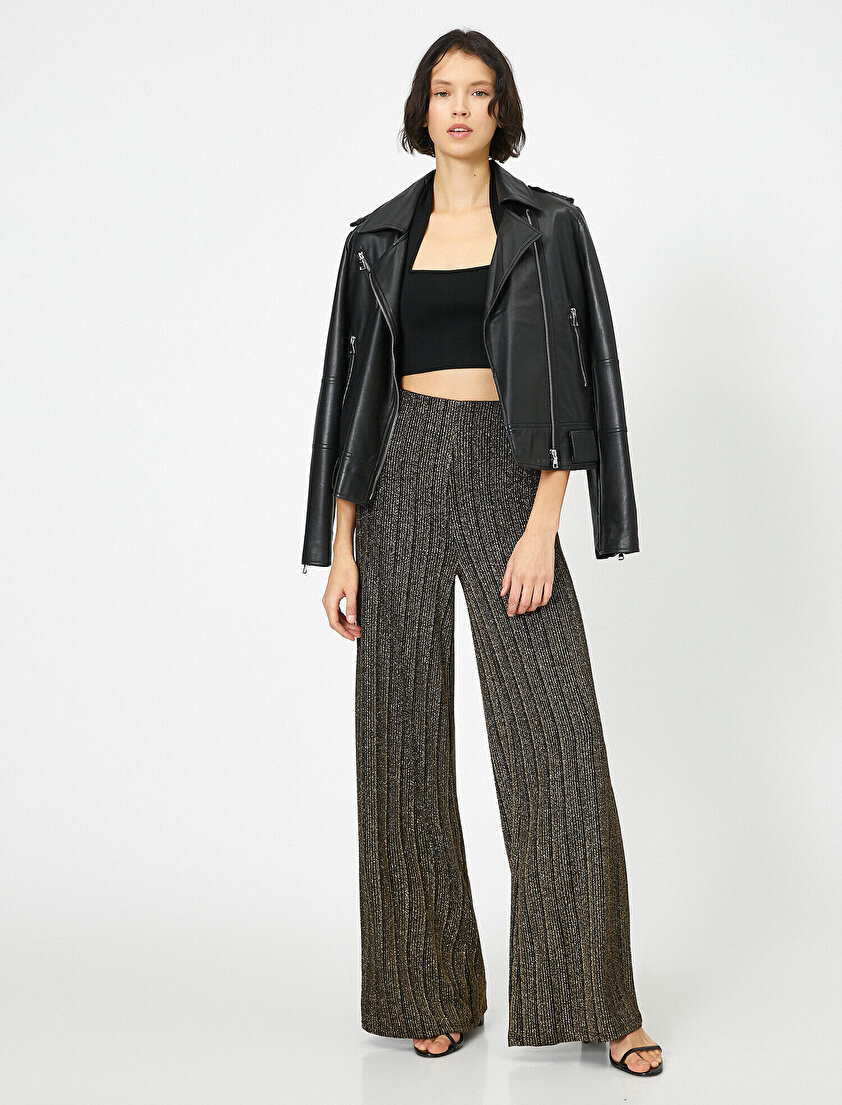 Simli Çizgili Bel Lastikli Geniş Paça Pantolon