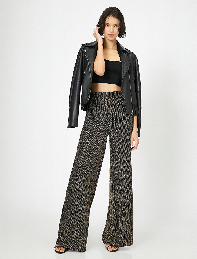 Simli Çizgili Bel Lastikli Geniş Paça Pantolon