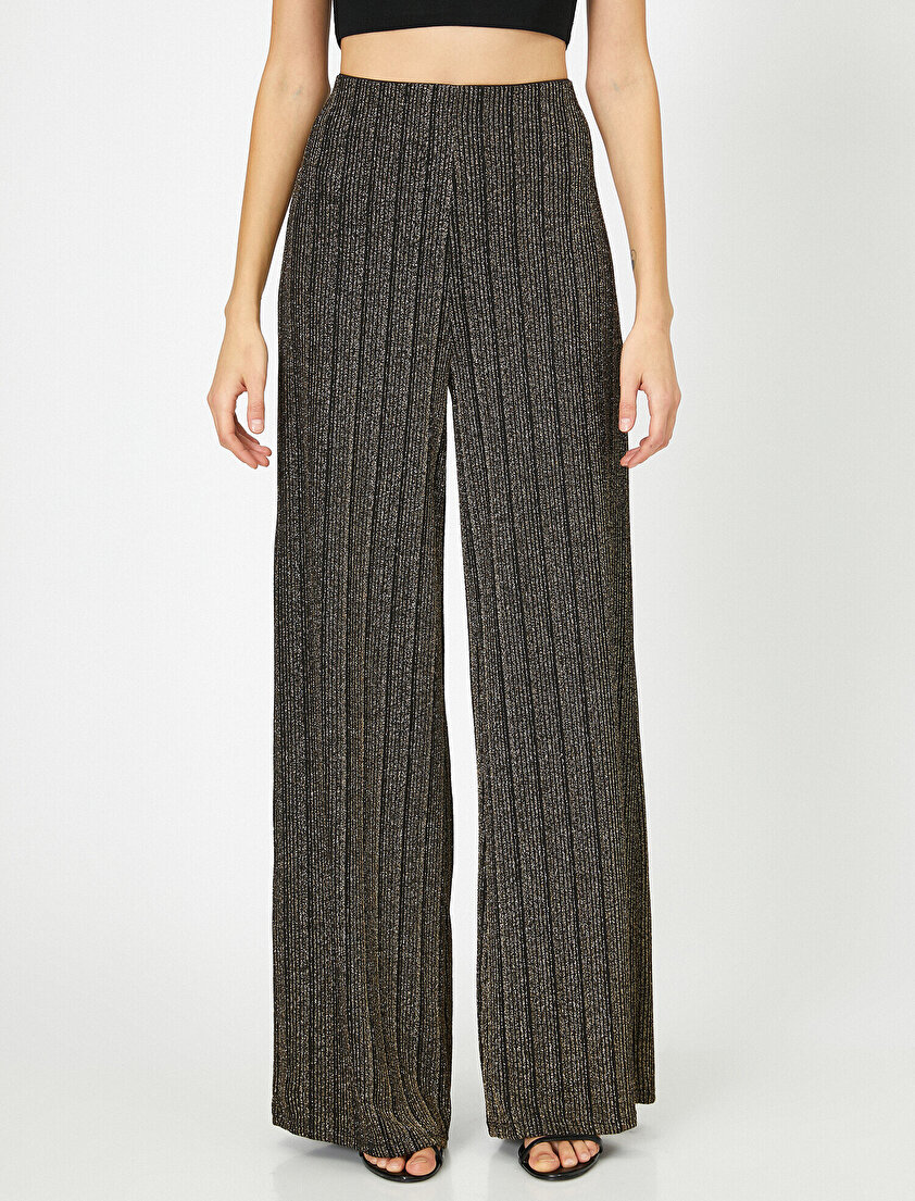 Simli Çizgili Bel Lastikli Geniş Paça Pantolon