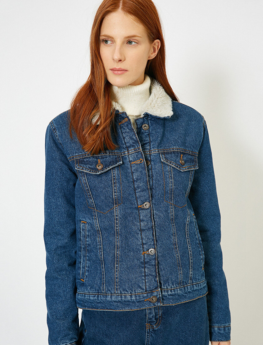 Yakası Suni Kürk Detaylı Jean Ceket