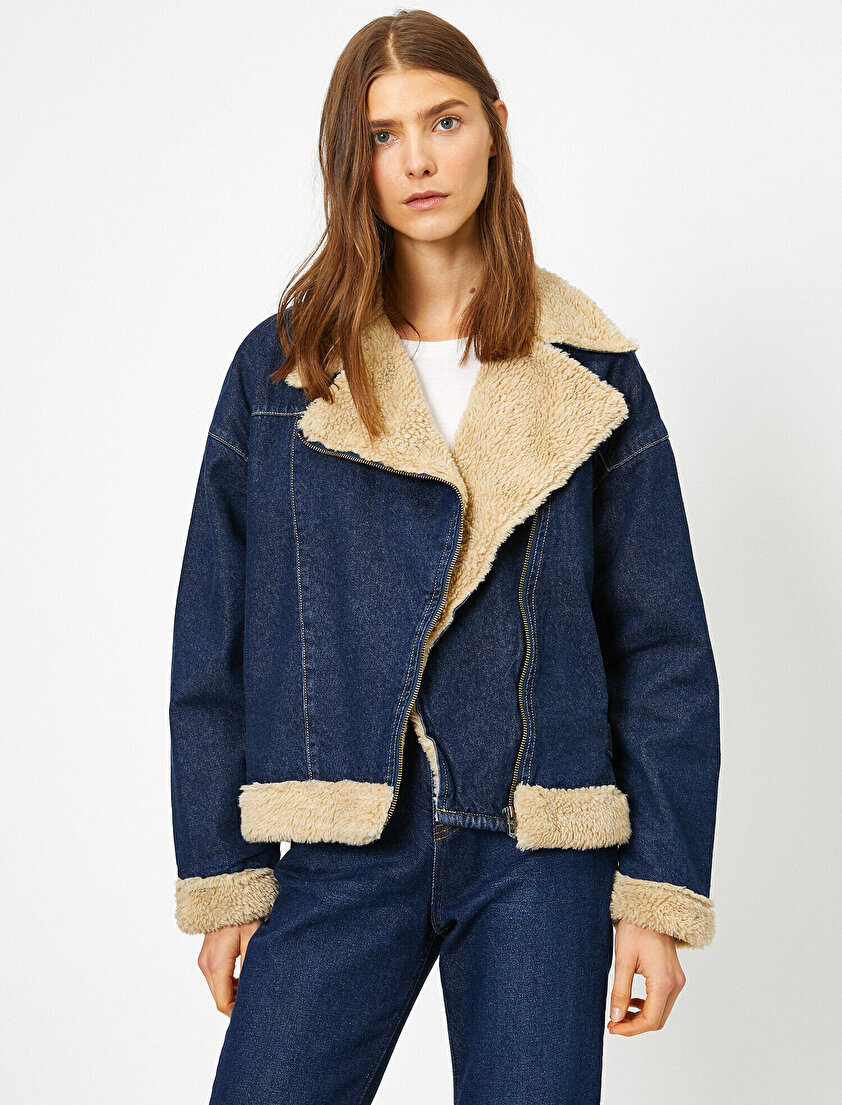 Yakası ve İçi Suni Kürklü Jean Ceket