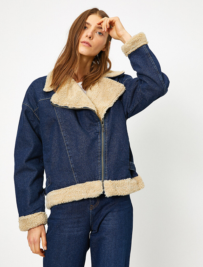 Yakası ve İçi Suni Kürklü Jean Ceket