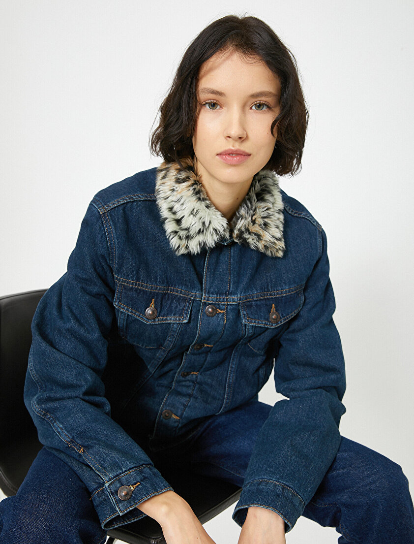 Yakası Suni Kürk Detaylı Jean Ceket