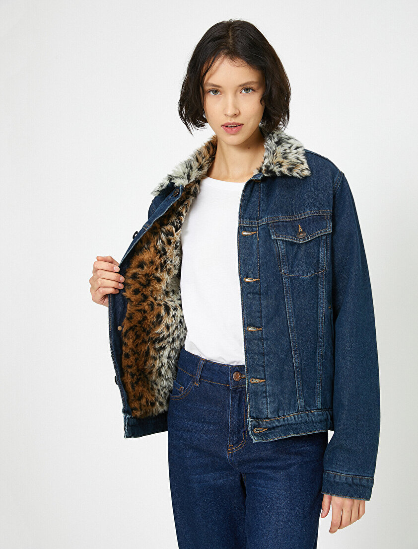 Yakası Suni Kürk Detaylı Jean Ceket