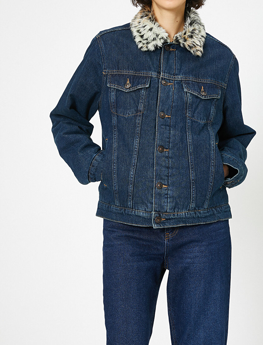 Yakası Suni Kürk Detaylı Jean Ceket