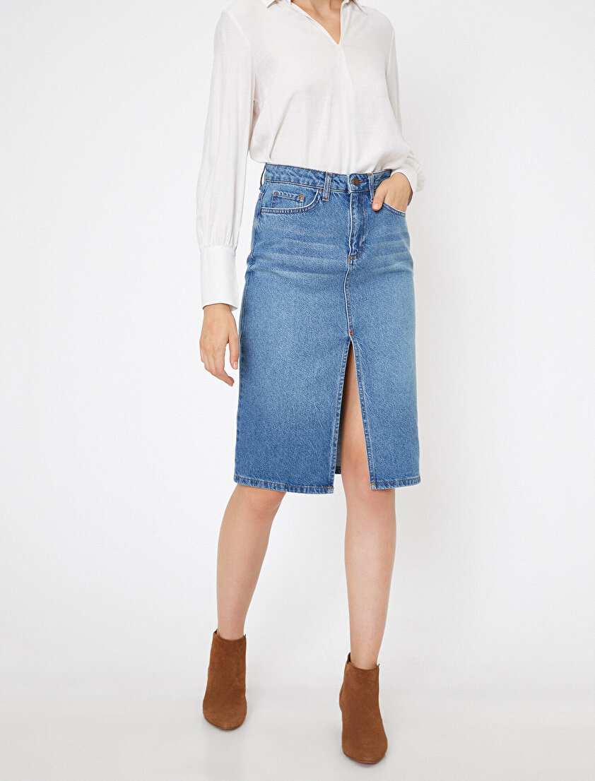 Cep Detaylı Jean Etek