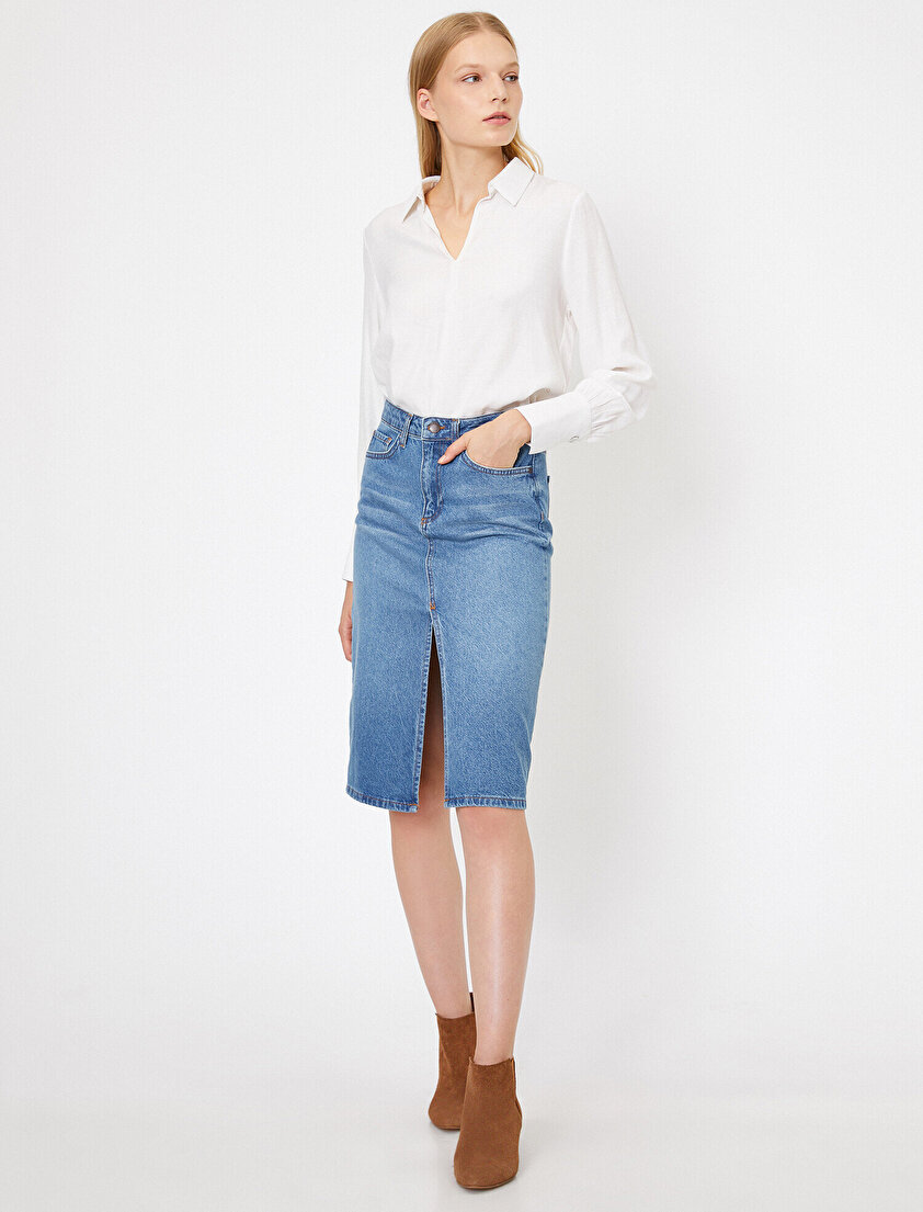 Cep Detaylı Jean Etek