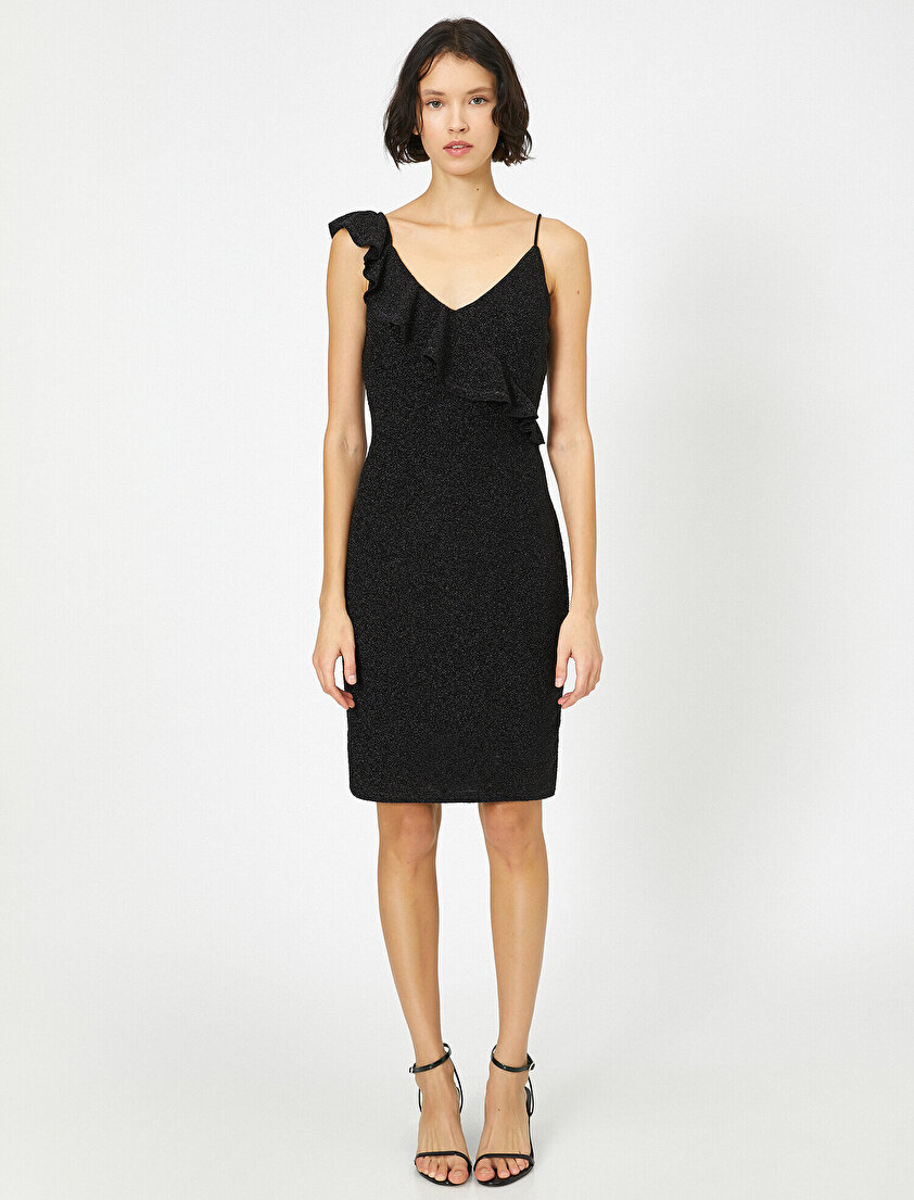 Simli Kolsuz Fırfırlı Mini Elbise