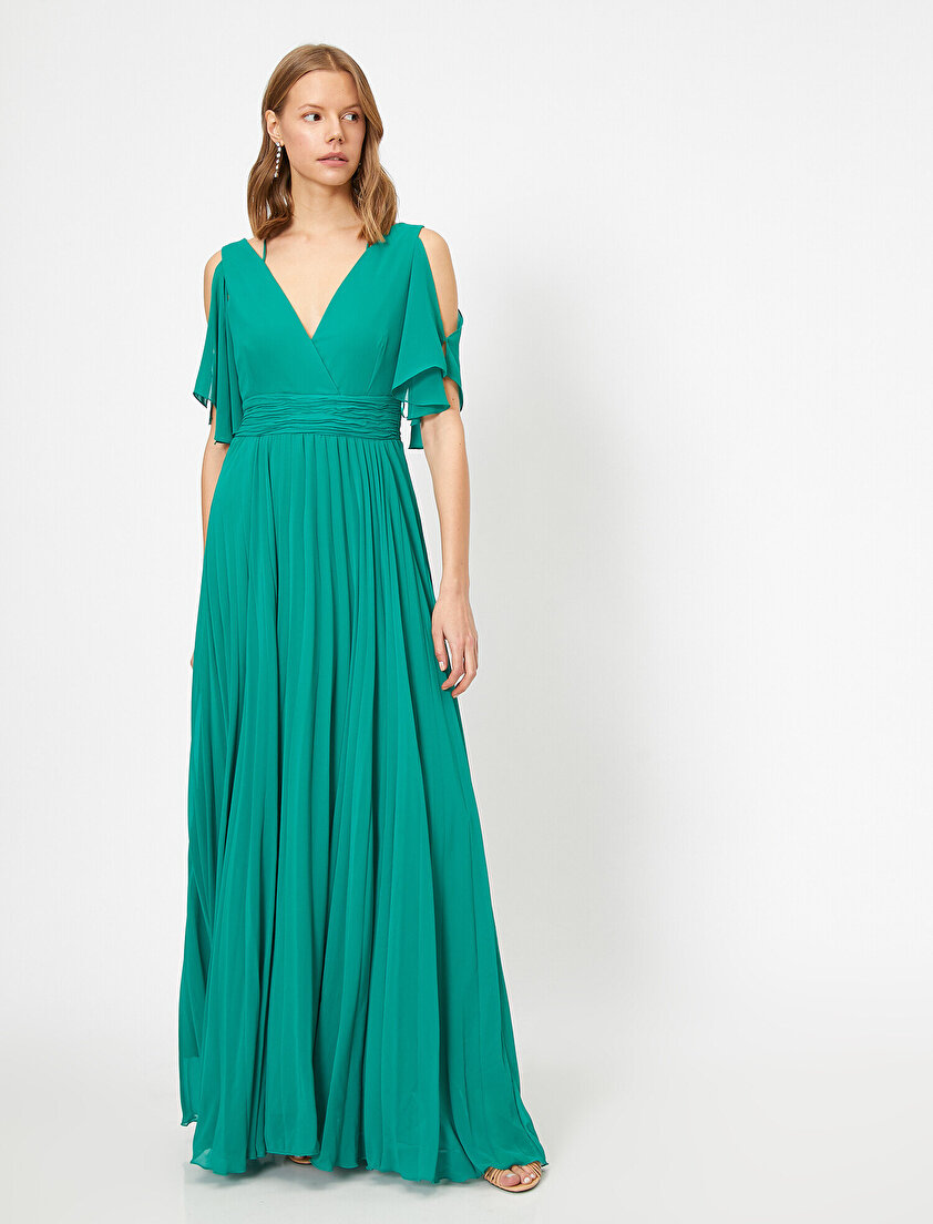 Şifon Volanlı V Yaka Sırt Detaylı Uzun Abiye Elbise