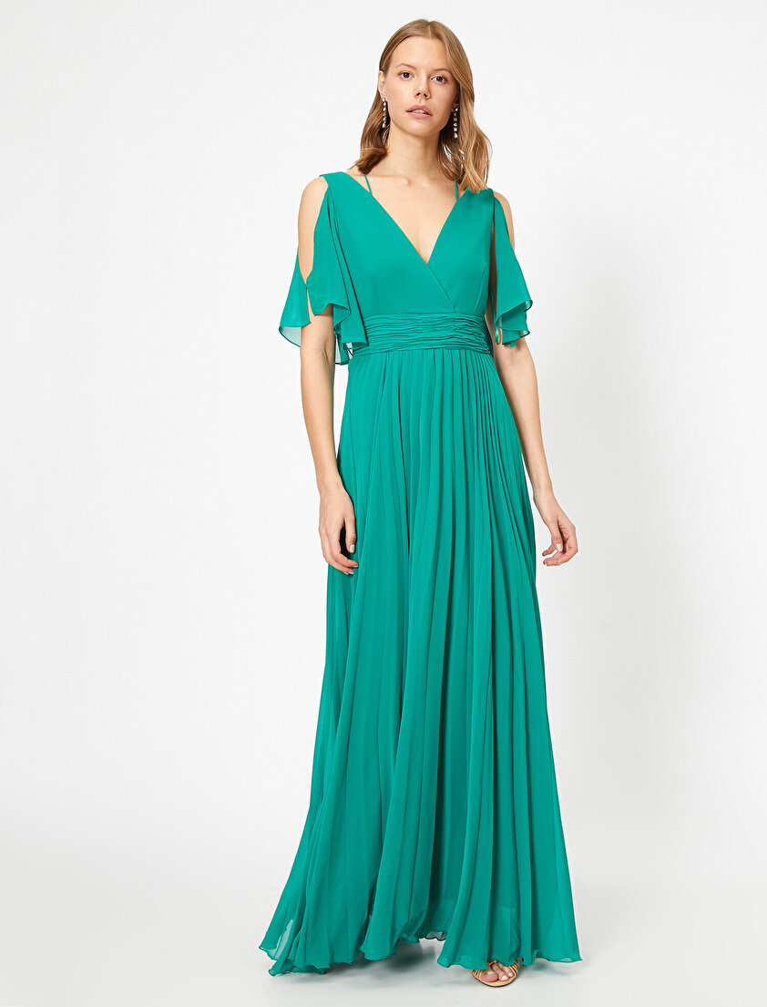 Şifon Volanlı V Yaka Sırt Detaylı Uzun Abiye Elbise