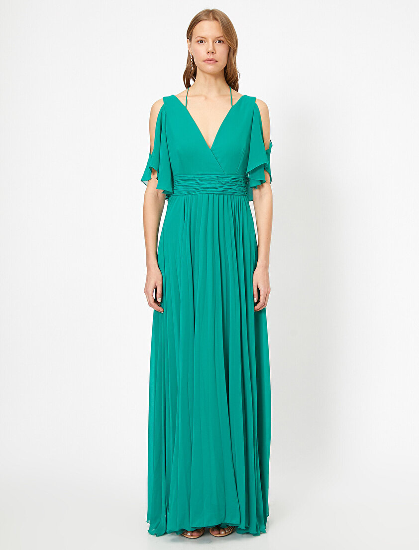 Şifon Volanlı V Yaka Sırt Detaylı Uzun Abiye Elbise