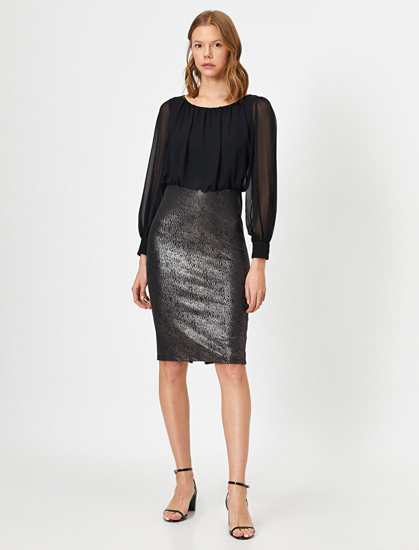 Metalik Drapeli Dökümlü Şifon Uzun Kollu Midi Boy Elbise