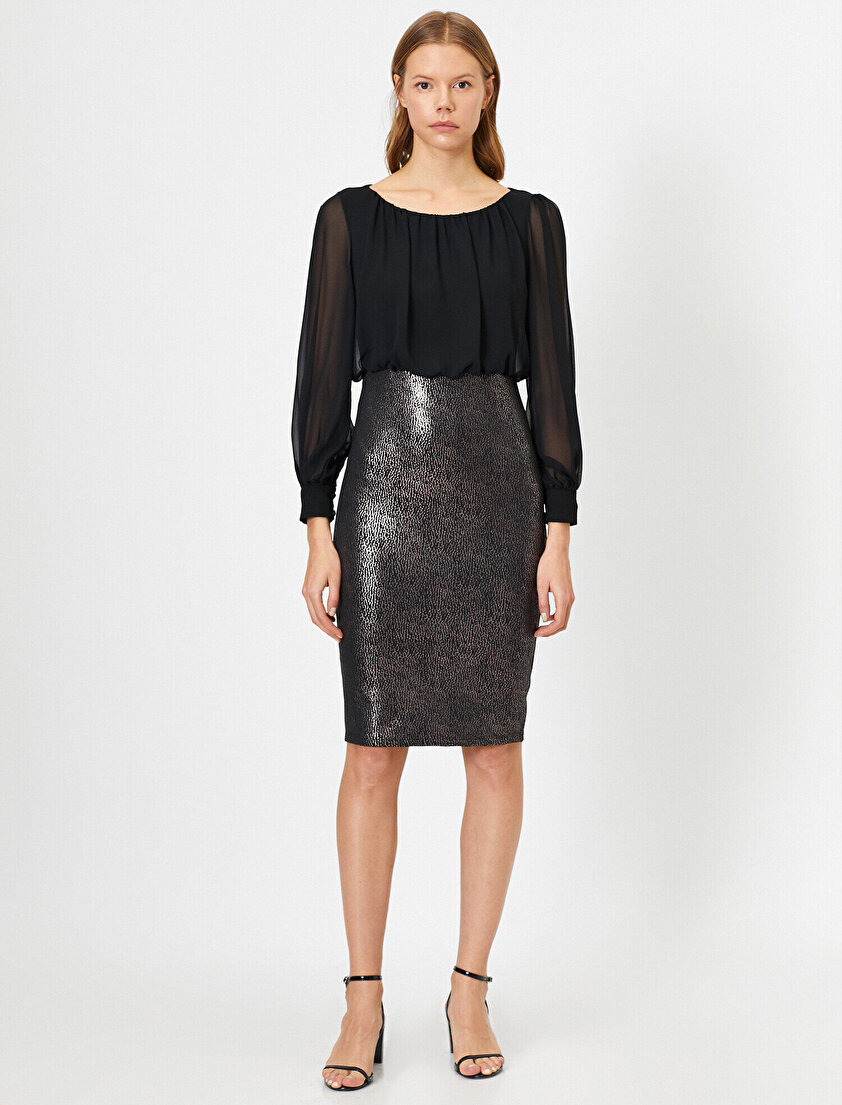 Metalik Drapeli Dökümlü Şifon Uzun Kollu Midi Boy Elbise