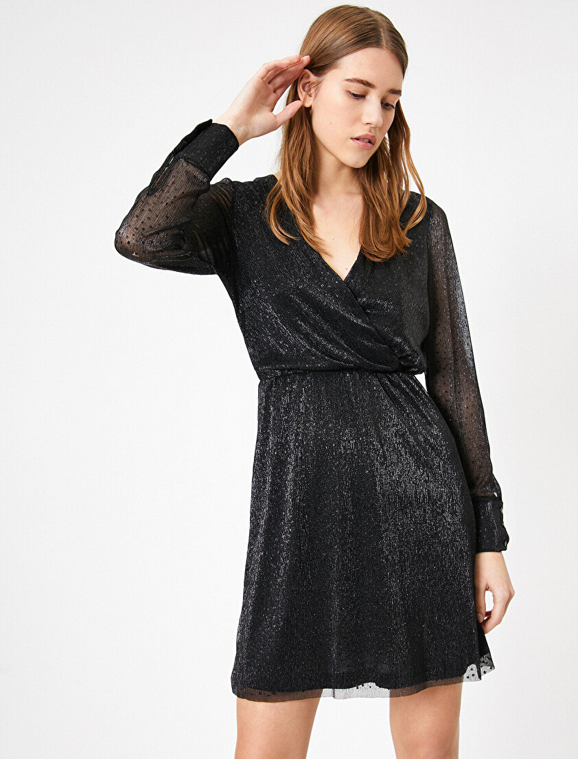 Sırt Bağlama Detaylı Kruvaze Bel Büzgülü Mini Elbise